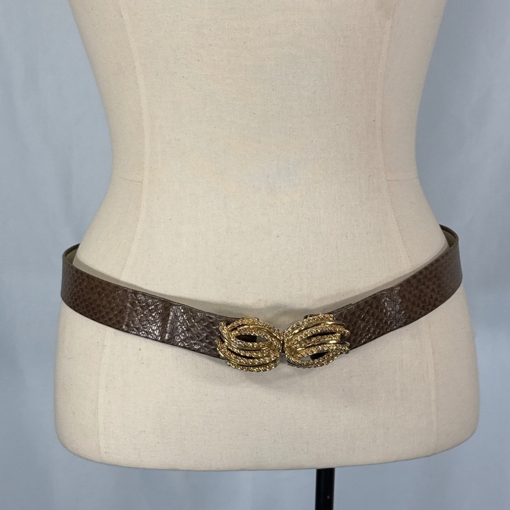 Vintage Brown Faux Snakeskin Belt Gold Interlocking Rope Buckle‎ 34 Inch Slim